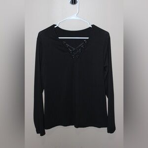 SHEIN Black V-Neck Lace-Up Long Sleeve Top